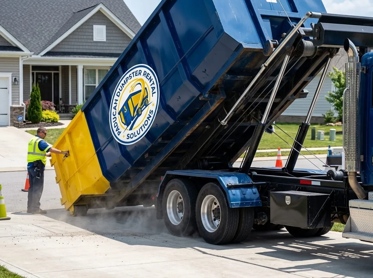 Roll-off dumpster placed on a driveway in Paducah, Kentucky