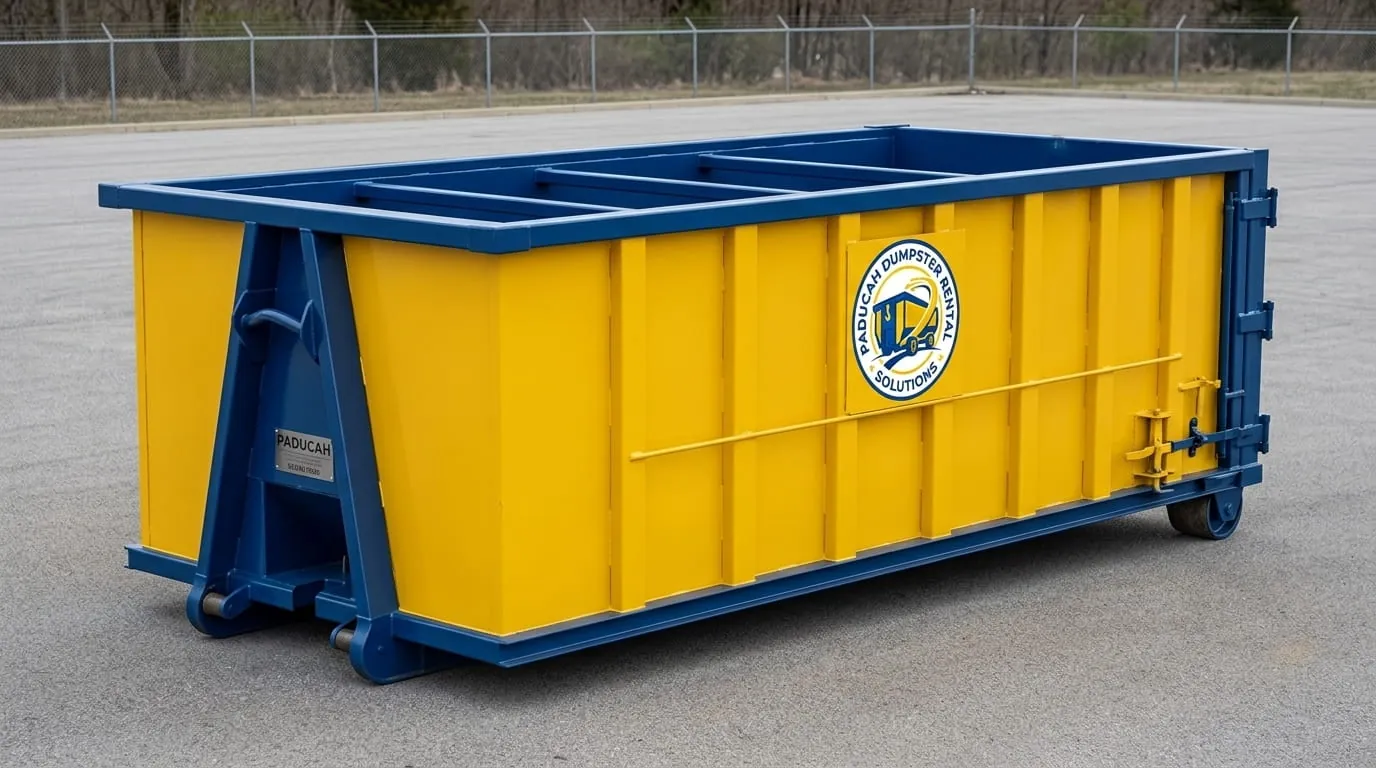 Roll-off dumpster positioned for a roof tear-off in Paducah, Kentucky